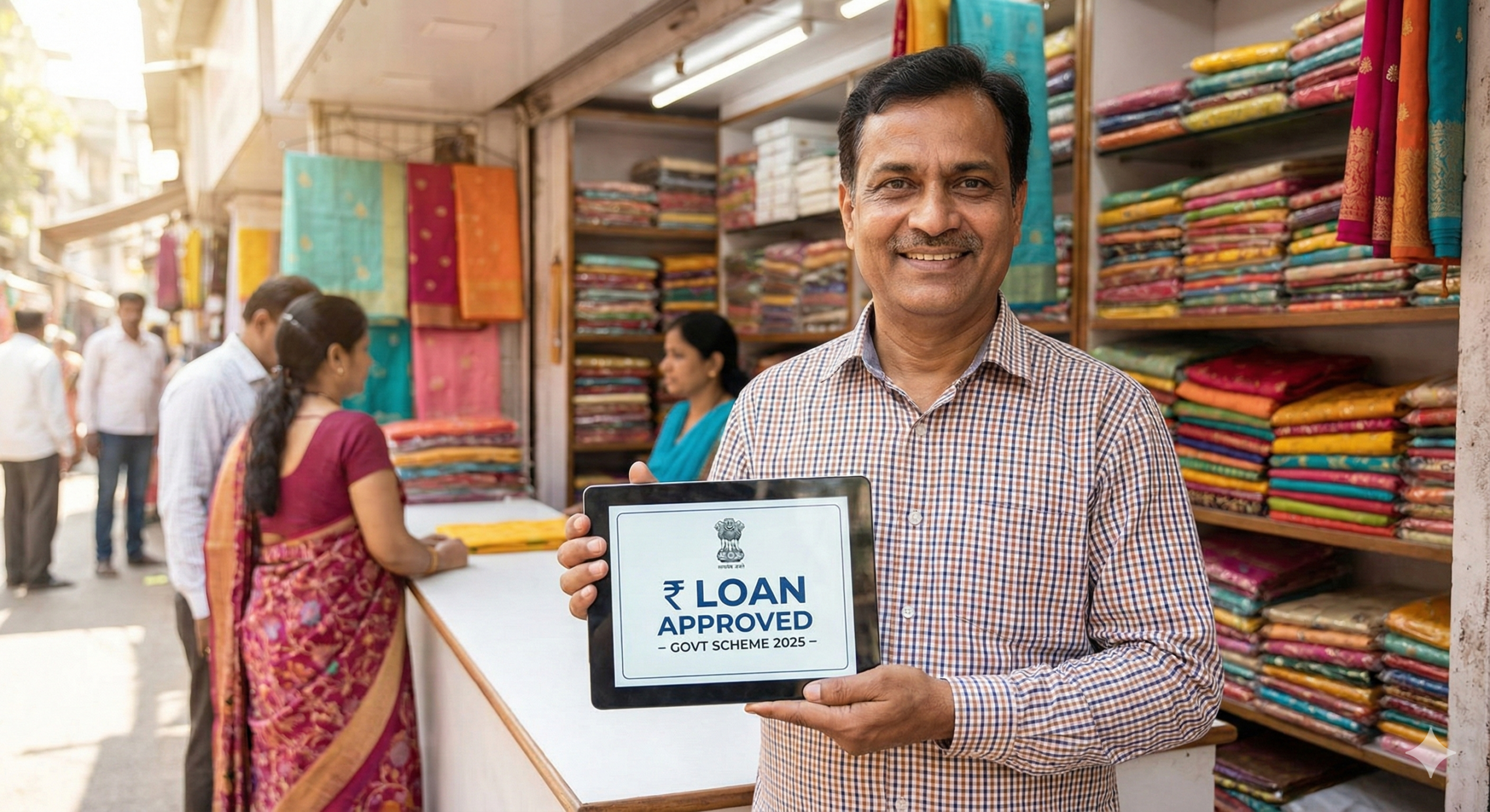 Indian shopkeeper holding a tablet showing approved government loan scheme 2025