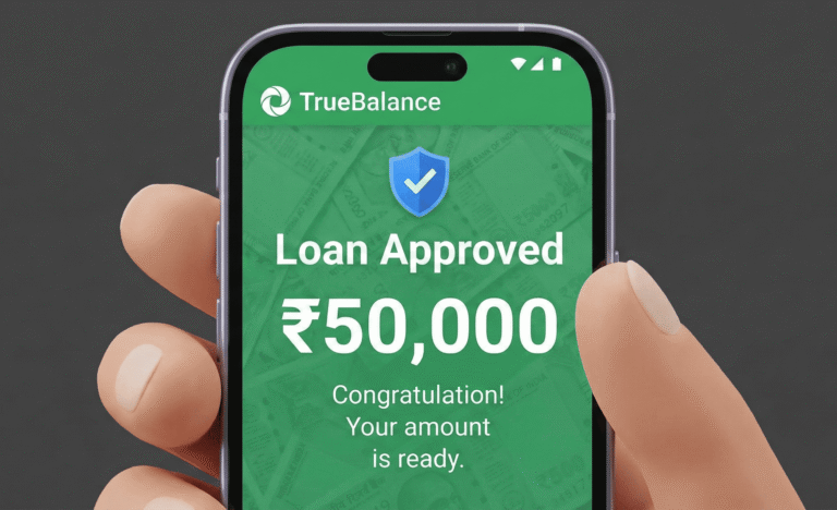 True Balance Loan App Review showing approved 50000 rupees loan