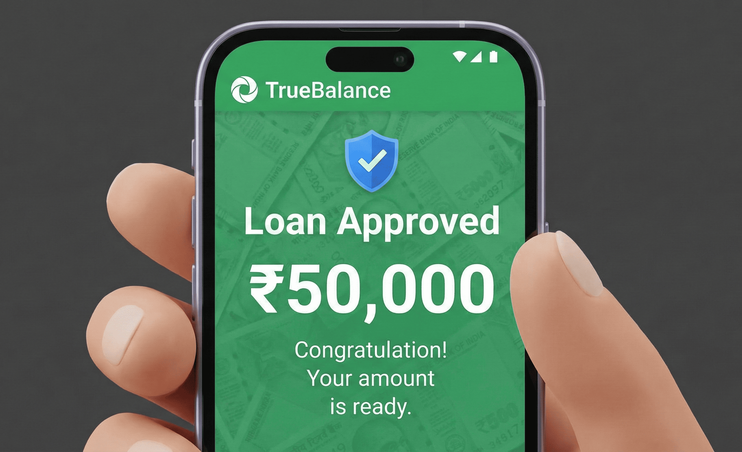 True Balance Loan App Review showing approved 50000 rupees loan