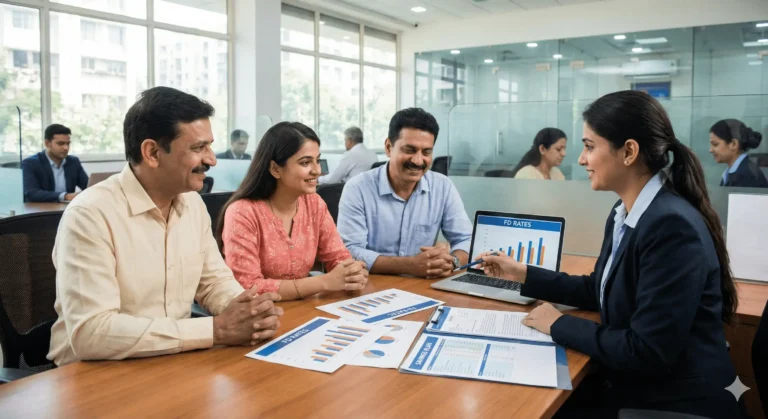 Fixed Deposit Interest Rates India safe bank investment concept with family